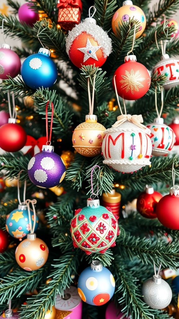 A collection of DIY Christmas ornaments made by kids, featuring vibrant colors and decorations, hanging on a Christmas tree.